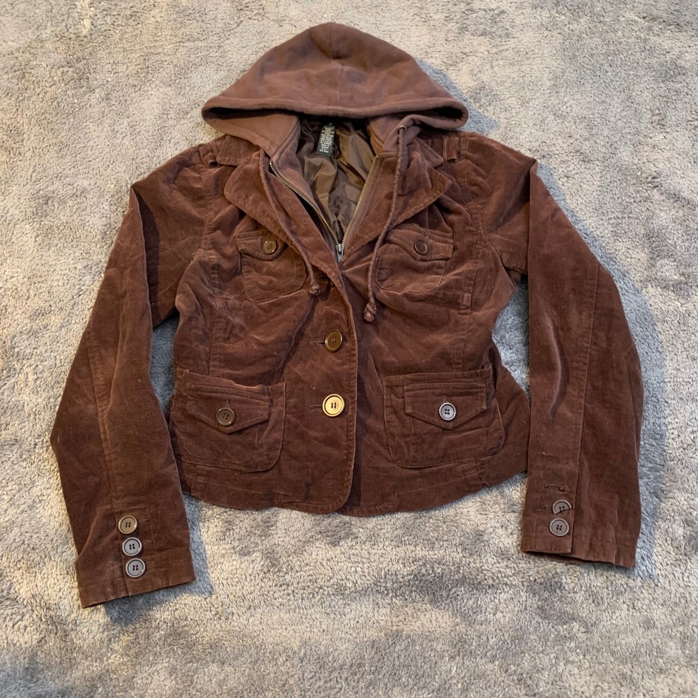 INC Y2K Brown Corduroy Hooded Jacket Womens Medium Utility Gorpcore‎